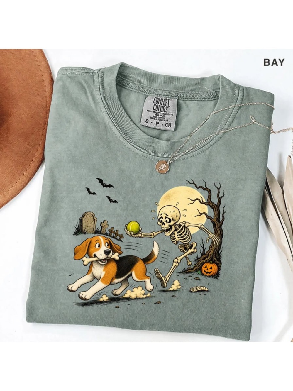 Comfort Colors LightGreen Halloween Dog & Skeleton Tee - Women